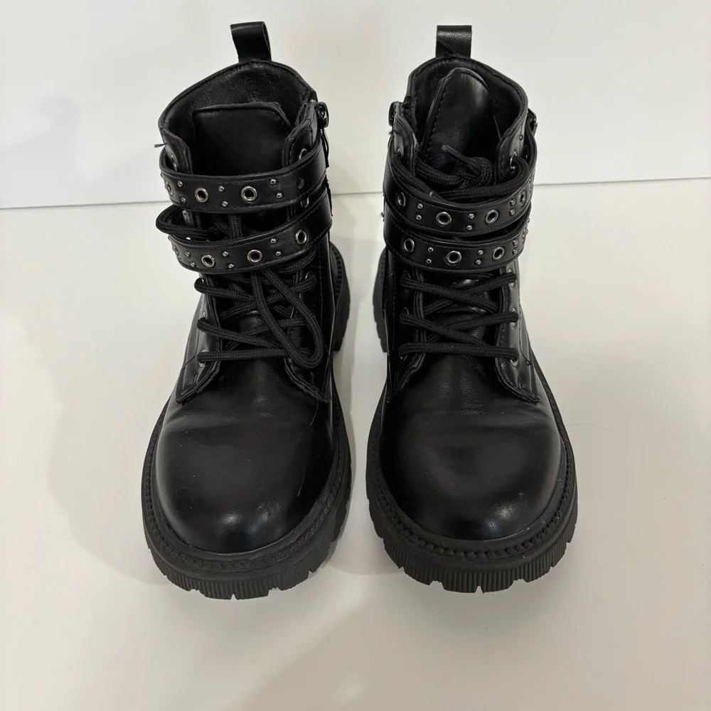 Women's Black Leather Combat Boots with Studded Straps